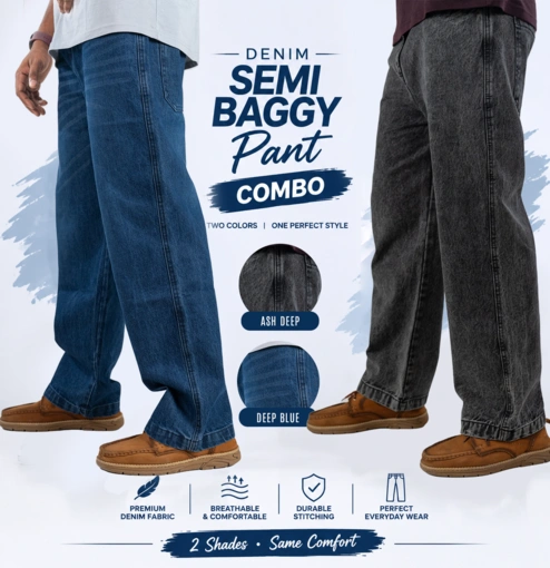 Ash deep + Deep blue New Denim Semi-Baggy Pants Combo